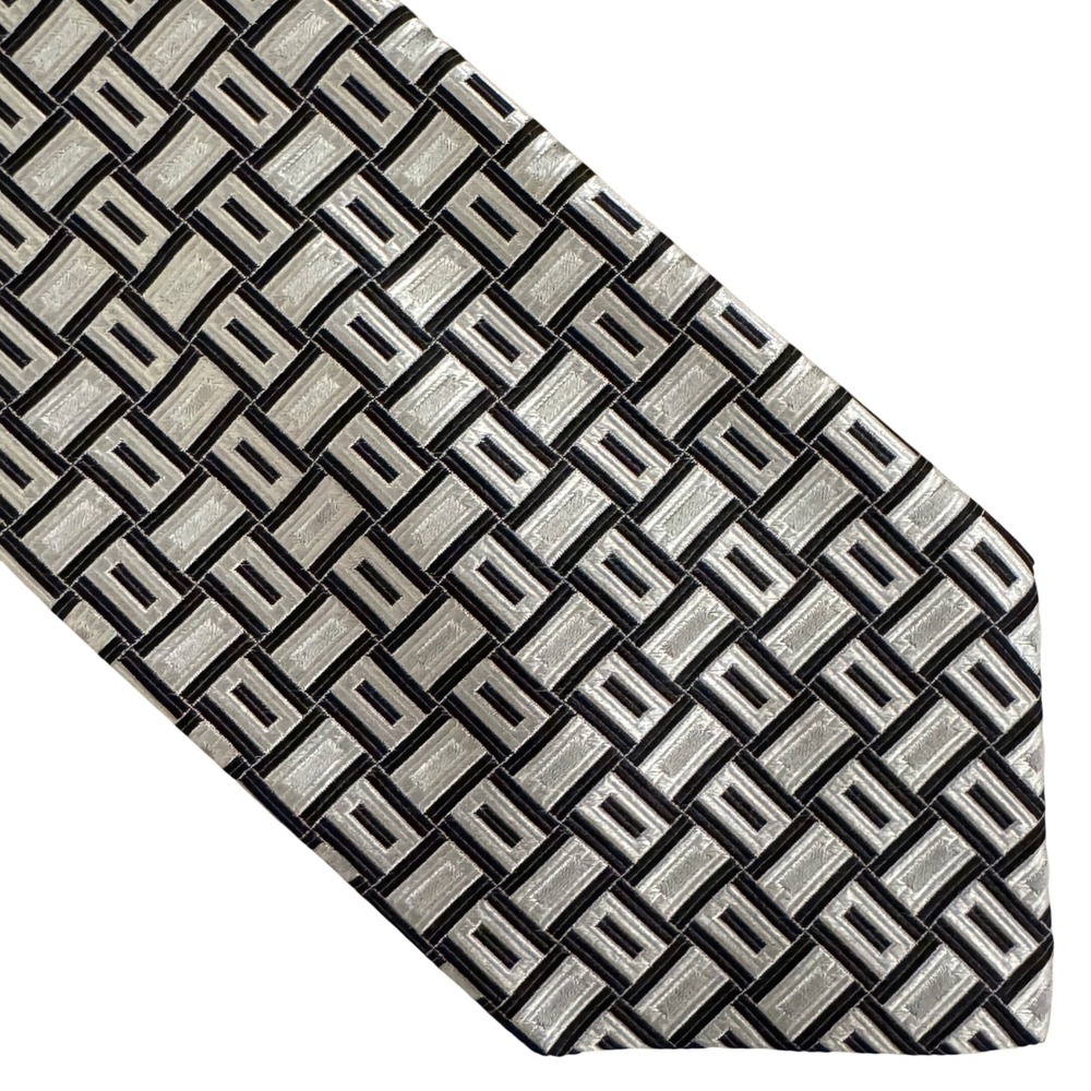 Emilio Romano Silk Tie Handmade Italy Geometric Rectangle Silver Black Mens Neck